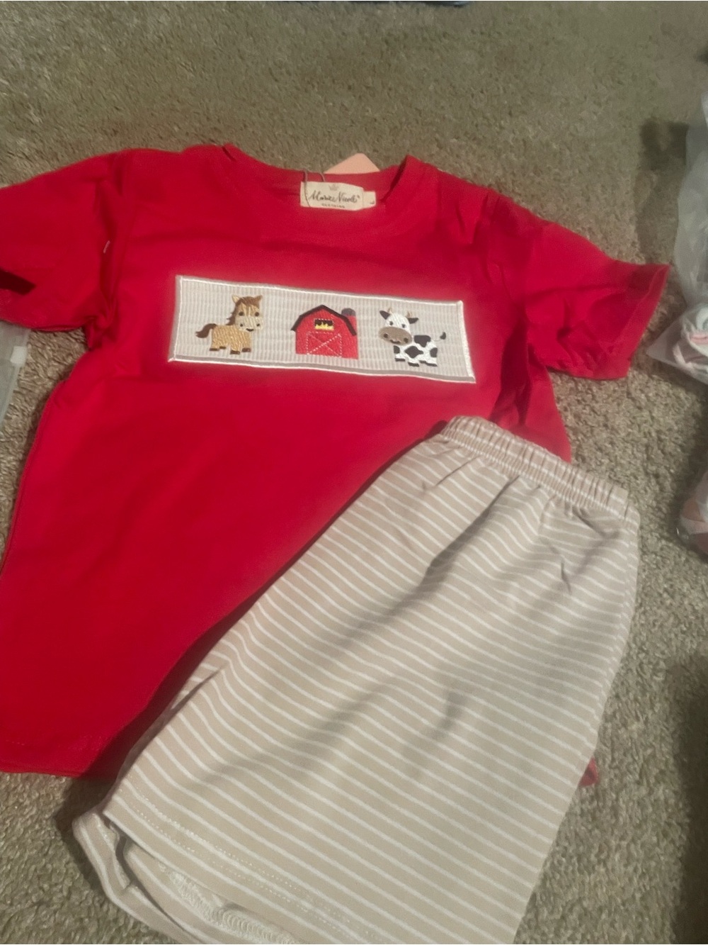 Red Smocked Farm Animal Tee with Cream Striped Shorts